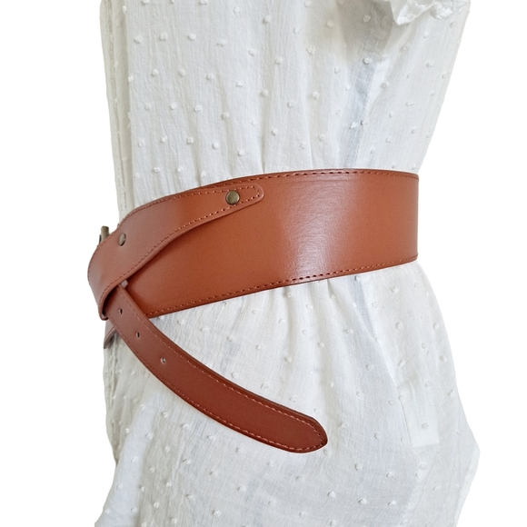 Asymmetrical Brown leather Western boho Gold buckle wide waist dress belt - Picture 8 of 14